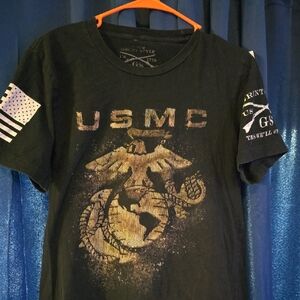 Grunt Style Black Tee with Gold USMC Eagle Globe Anchor Graphic